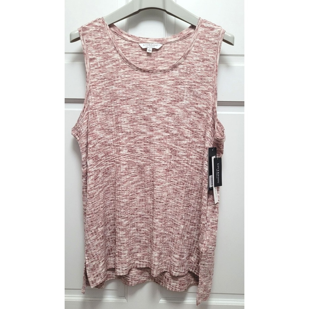 Liverpool Sleeveless Ribbed Hi-Low Sweater Tank Top - Pink / Cream - Size Large